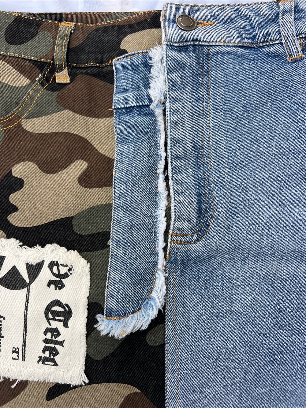 0654.New Two-Tone Denim & Camo Patch Mini Skirt - White/Camo - Picture 4 of 4